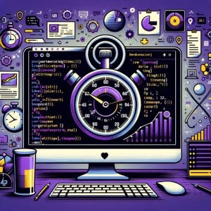Python script measuring execution time using timeit module with stopwatch icons and timing markers for code optimization
