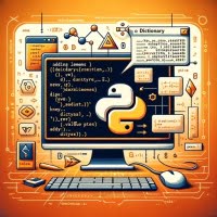 Python script method showing add elements to dictionary with arrows and items illustrating key-value pair addition in data structures