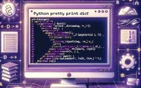 Python script pretty printing a dictionary using pprint module visualized with organized structure symbols and format alignment icons suggesting readability