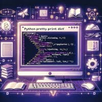 Python script pretty printing a dictionary using pprint module visualized with organized structure symbols and format alignment icons suggesting readability