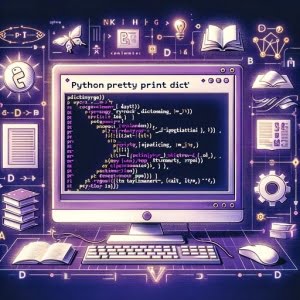 Python script pretty printing a dictionary using pprint module visualized with organized structure symbols and format alignment icons suggesting readability