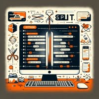 Python script showcasing string splitting with division symbols and text segmentation icons symbolizing string manipulation and analysis