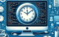 Python script using datetime module for current time retrieval visualized with clock icons and time display symbols for time-sensitive operations