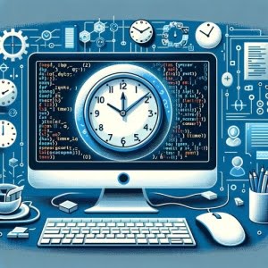 Python script using datetime module for current time retrieval visualized with clock icons and time display symbols for time-sensitive operations