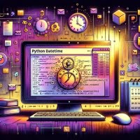 Python script using the datetime module for date and time operations with calendar icons and clock symbols emphasizing scheduling and chronology