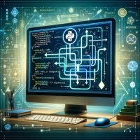 Python script with an if statement illustrated with decision paths and logical symbols in symbolizing conditional logic