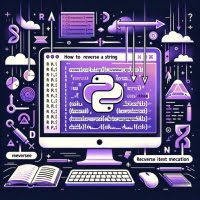 Python script with methods for reversing a string emphasized with backward arrows and text flip icons highlighting text manipulation