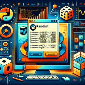 depiction of the randint method in Python a script with random integer output surrounded by symbols of statistics and probability key aspects of random number generation and statistical programming