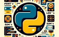 Collage of Python built-in functions code snippets icons and Python logo