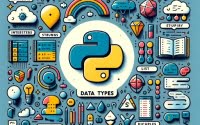 Collage of Python data types integers strings lists code snippets Python logo