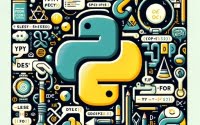 Collage of Python keywords code snippets programming symbols and logo