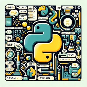 Collage of Python keywords code snippets programming symbols and logo