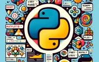 Collage of popular Python libraries symbolic icons code snippets Python logo
