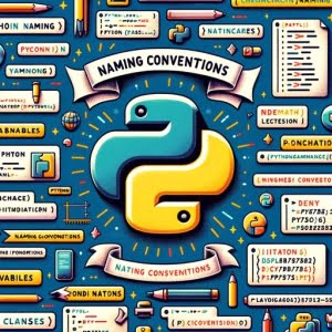 Python code collage with naming conventions labels highlights Python logo
