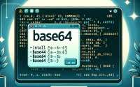 Digital illustration of a Linux terminal depicting the installation of the base64 command for encoding and decoding data