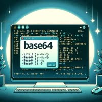 Digital illustration of a Linux terminal depicting the installation of the base64 command for encoding and decoding data