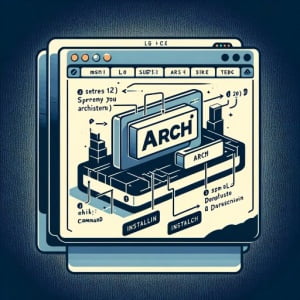 Graphic representation of a Linux terminal showing the installation process of the arch command for displaying system architecture