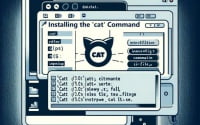 Graphic representation of a Linux terminal showing the installation process of the cat command for file display