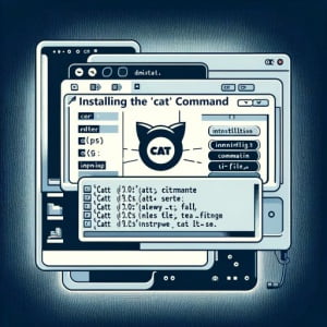 Graphic representation of a Linux terminal showing the installation process of the cat command for file display