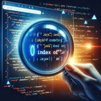 Java code with indexof function magnifying glass icons and logo