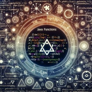 Math symbols Java function code interconnected lines and Java logo