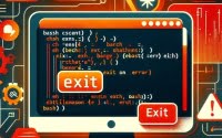 Bash exit on error functionality shown with warning symbols highlighting error handling and script control