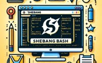 Bash script graphic with a shebang line on a terminal symbolizing script initialization