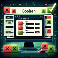 Computer screen displaying Bash script with boolean values with checkmark and cross symbols representing true and false