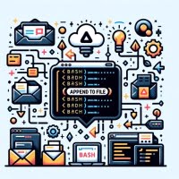 Graphic illustrating the process of appending data to a file in Bash showing a terminal interface