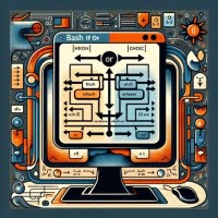 Graphic representation of if statement combined with or operator in Bash using visual metaphors for complex conditional logic