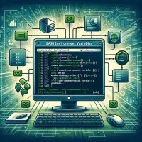 Illustration of Bash script using environment variables featuring system configuration elements