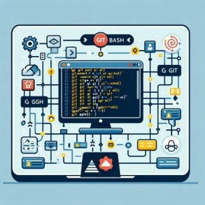 Illustration of Git commands executed in Bash with a terminal interface showing version control operations