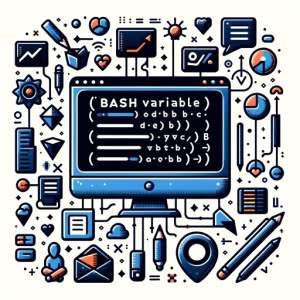 Visual representation of using and setting variables in Bash featuring a terminal window with Bash code