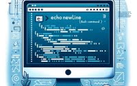Visualization of echo command creating a newline in Bash with text flow elements and line break symbols symbolizing text formatting