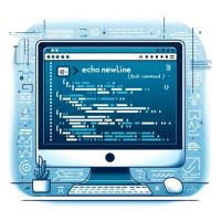 Visualization of echo command creating a newline in Bash with text flow elements and line break symbols symbolizing text formatting