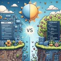 comparative digital artwork showing spring with classic elements vs spring boot with modern features