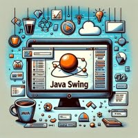 digital illustration showcasing Java Swing framework for building graphical user interfaces with a computer screen displaying a stylized UI with buttons menus and windows