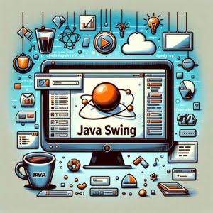 digital illustration showcasing Java Swing framework for building graphical user interfaces with a computer screen displaying a stylized UI with buttons menus and windows