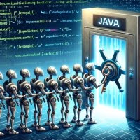 digital_illustration_of_java_synchronized_concept_with_robotic_arms_holding_keys_queuing_at_locked_door