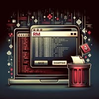 illustration of Bash delete file command with a terminal screen showing the rm command and symbolic file deletion elements