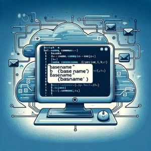 illustration of the Bash basename command in use with a computer screen displaying a script and file path diagrams