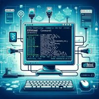 Artistic depiction of network management in Linux using ethtool highlighting ethernet plug graphics and network status indicators for interface control