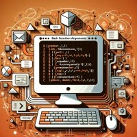 Bash function with multiple arguments displayed on a screen emphasized with argument labels and data flow symbols