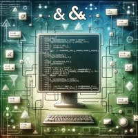 Bash script demonstrating the AND logical operator for command chaining with link symbols and flowchart icons highlighting command integration