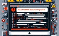 Bash script error message involving a unary operator emphasized with caution symbols and error alert icons highlighting debugging and error handling