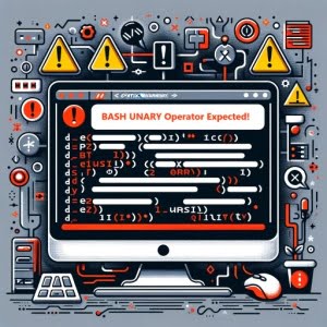 Bash script error message involving a unary operator emphasized with caution symbols and error alert icons highlighting debugging and error handling