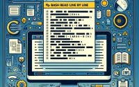 Bash script reading a file line by line with text line symbols and file reading icons highlighting data parsing