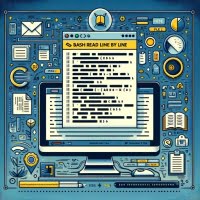 Bash script reading a file line by line with text line symbols and file reading icons highlighting data parsing