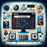 Bash script setting a variable depicted with assignment symbols and variable name icons highlighting equal signs and data assignment markers