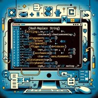 Bash script using string replacement commands visualized with substitution symbols and text transformation icons emphasizing text updating